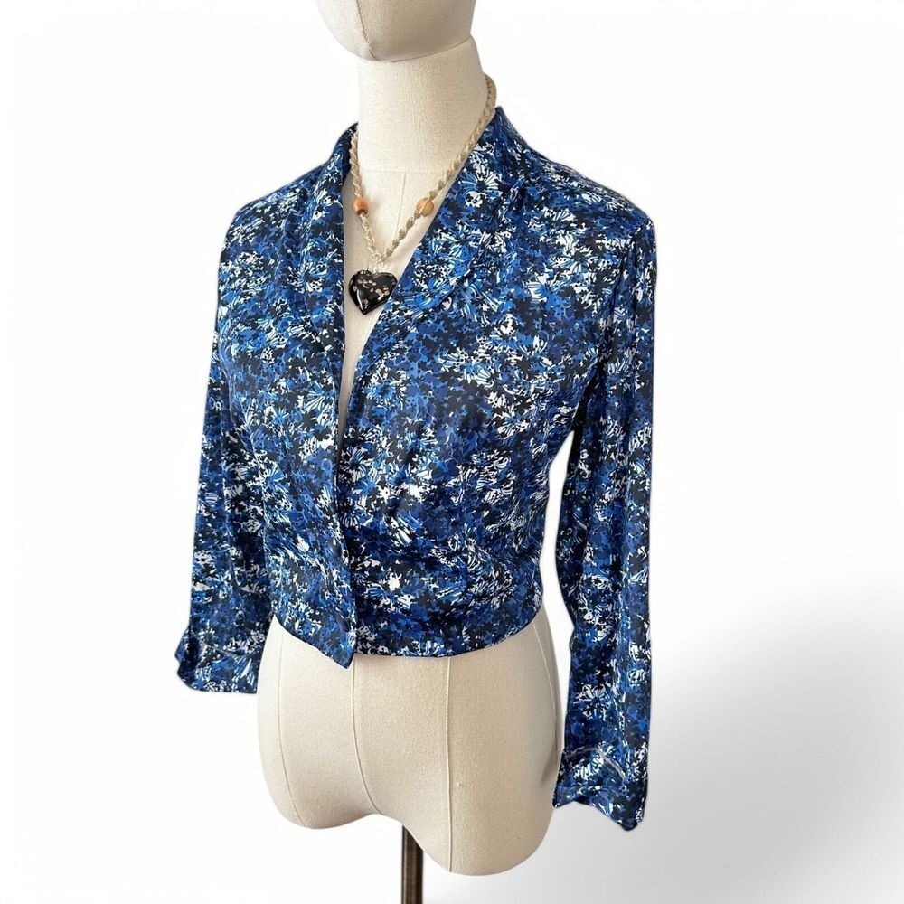 Vintage 80s Blue Floral Cropped Shacket Pearl Buttons Granny Chic Jacket Large - Picture 5 of 8